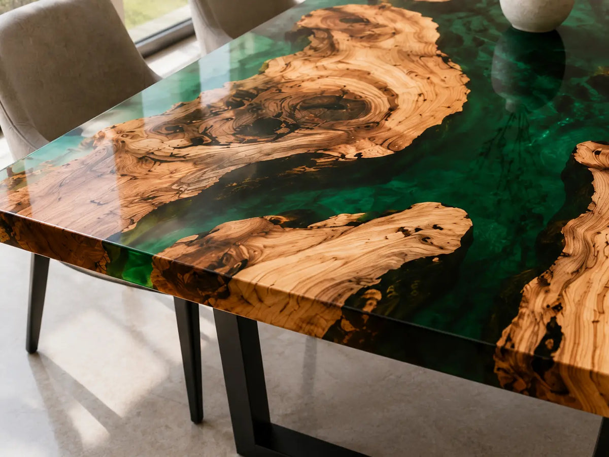EDTC34 Forest Cathedral Emerald Green Epoxy Olive Wood Dining Table featuring handcrafted olive wood and emerald green resin-3