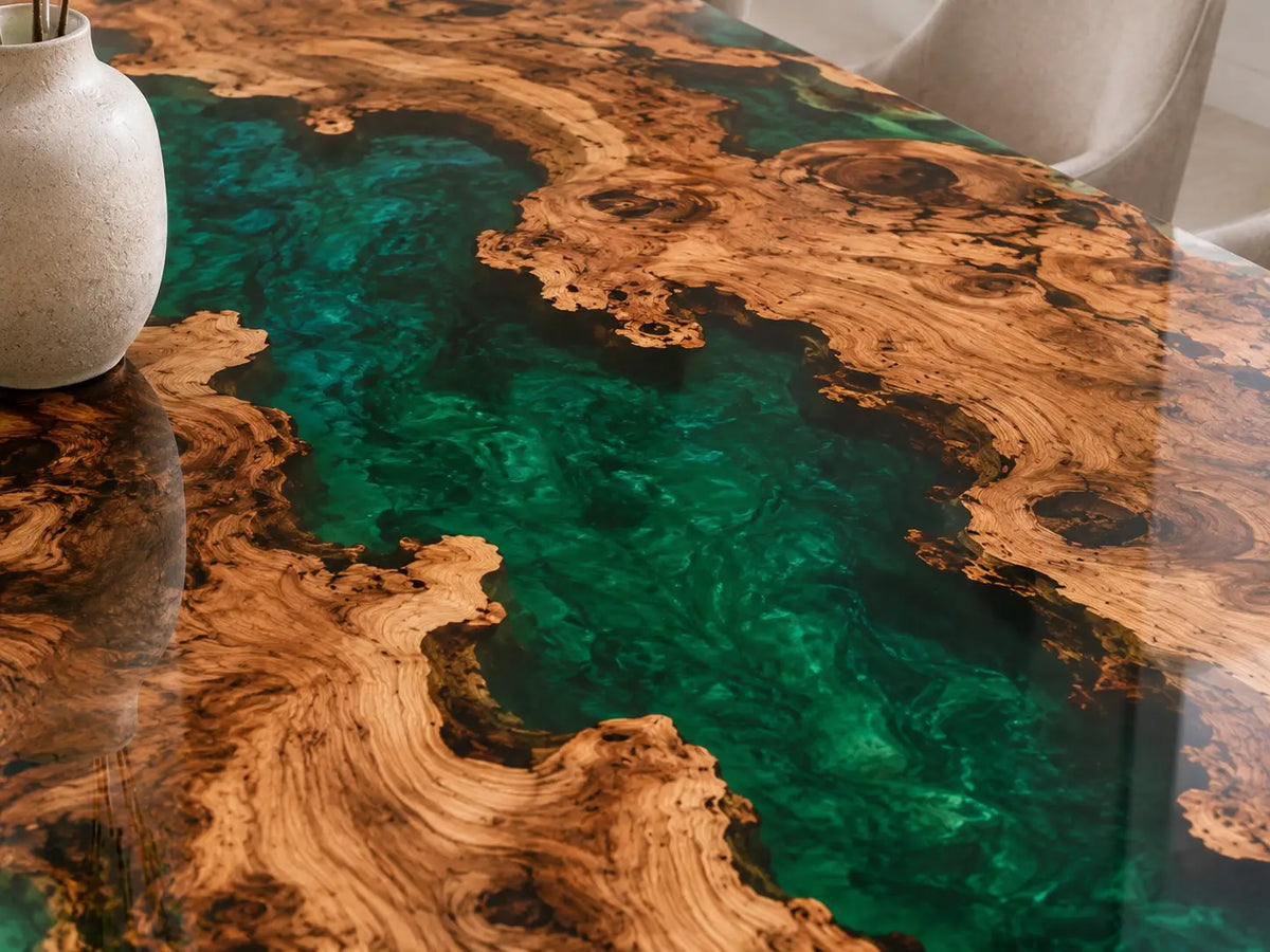 EDTC34 Forest Cathedral Emerald Green Epoxy Olive Wood Dining Table featuring handcrafted olive wood and emerald green resin-4