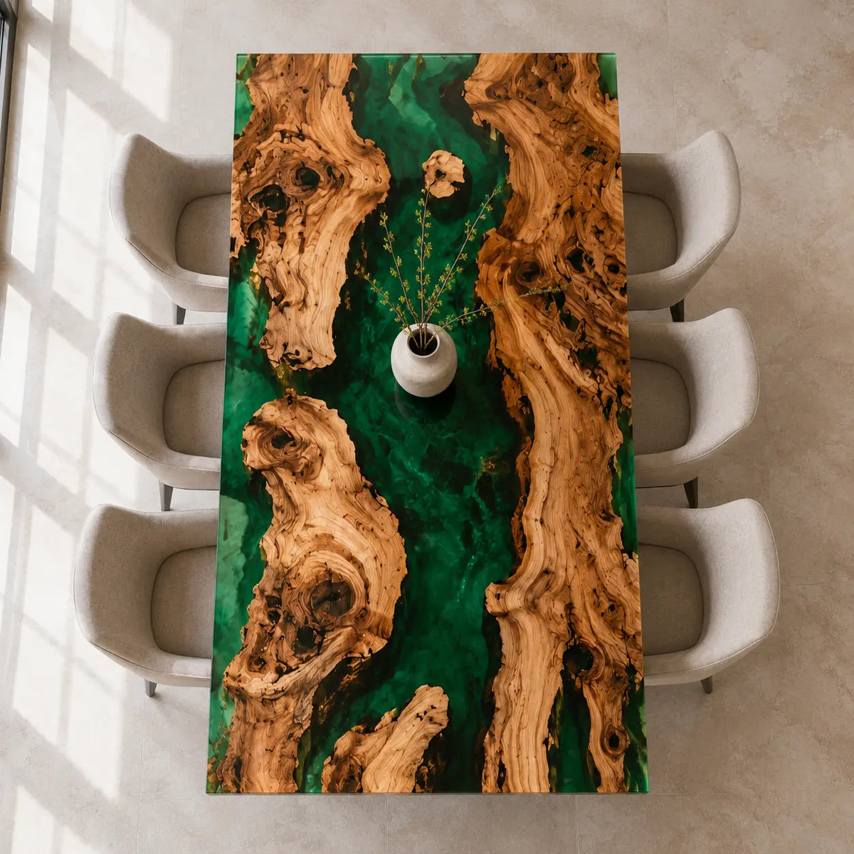 EDTC34 Forest Cathedral Emerald Green Epoxy Olive Wood Dining Table featuring handcrafted olive wood and emerald green resin-5