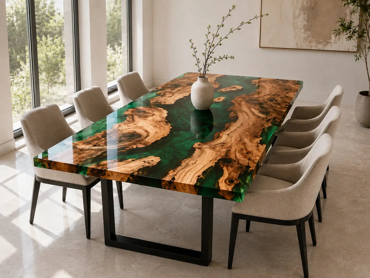 EDTC34 Forest Cathedral Emerald Green Epoxy Olive Wood Dining Table featuring handcrafted olive wood and emerald green resin-6