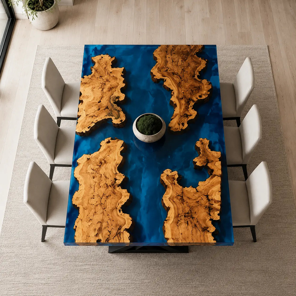 EDTC35 Blue Atolls Cobalt Blue Epoxy Spruce Burl Dining Table featuring handcrafted spruce burl and cobalt blue resin