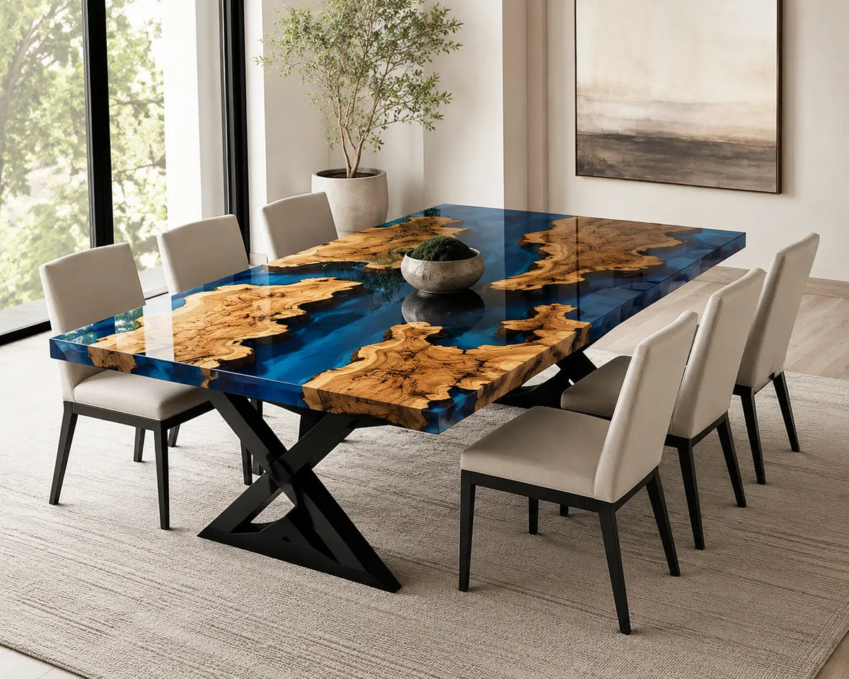 EDTC35 Blue Atolls Cobalt Blue Epoxy Spruce Burl Dining Table featuring handcrafted spruce burl and cobalt blue resin-2