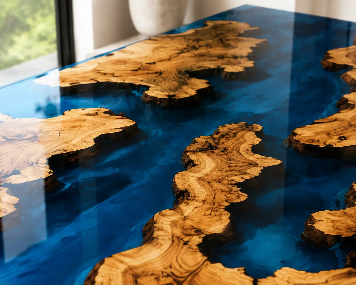 EDTC35 Blue Atolls Cobalt Blue Epoxy Spruce Burl Dining Table featuring handcrafted spruce burl and cobalt blue resin-3