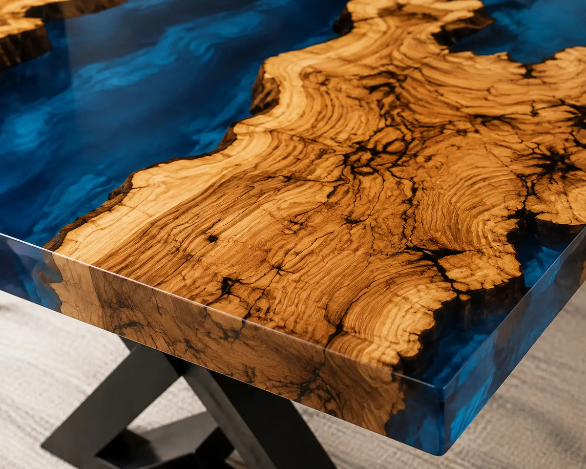 EDTC35 Blue Atolls Cobalt Blue Epoxy Spruce Burl Dining Table featuring handcrafted spruce burl and cobalt blue resin-4