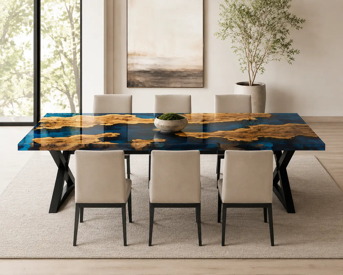EDTC35 Blue Atolls Cobalt Blue Epoxy Spruce Burl Dining Table featuring handcrafted spruce burl and cobalt blue resin-5