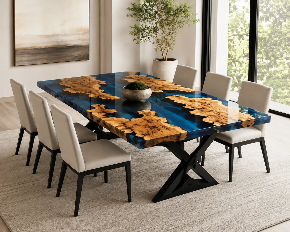 EDTC35 Blue Atolls Cobalt Blue Epoxy Spruce Burl Dining Table featuring handcrafted spruce burl and cobalt blue resin-6