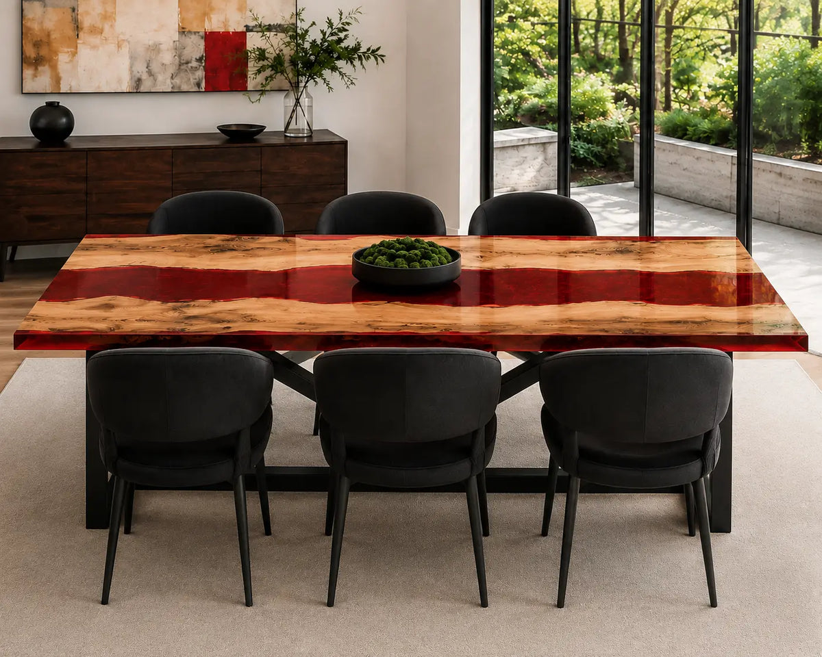 EDTC36 Red Meridian Ruby Red Epoxy Ash Dining Table featuring handcrafted ash wood and ruby red resin