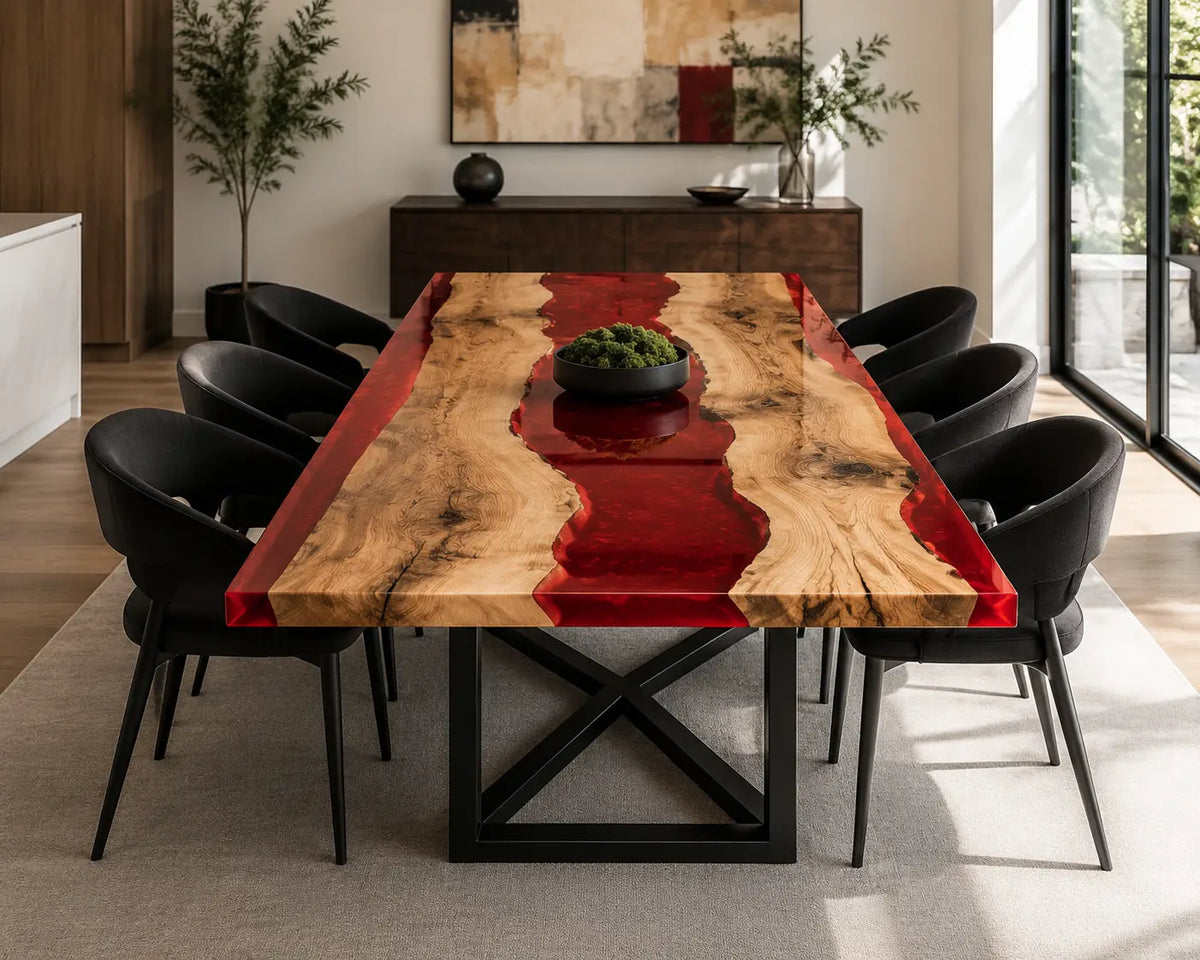 EDTC36 Red Meridian Ruby Red Epoxy Ash Dining Table featuring handcrafted ash wood and ruby red resin-1