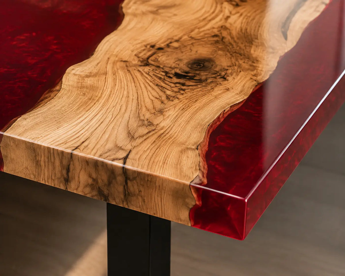 EDTC36 Red Meridian Ruby Red Epoxy Ash Dining Table featuring handcrafted ash wood and ruby red resin-3