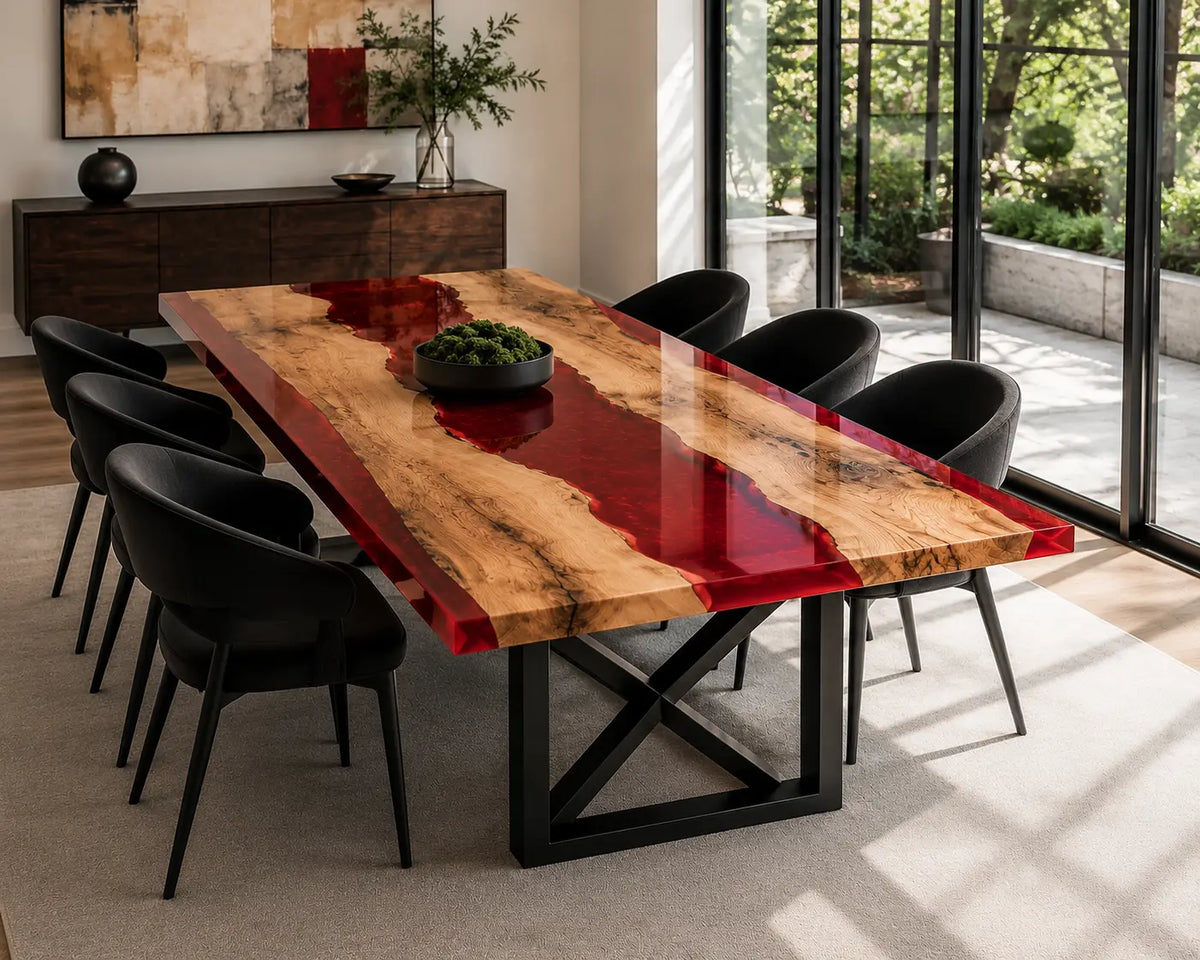 EDTC36 Red Meridian Ruby Red Epoxy Ash Dining Table featuring handcrafted ash wood and ruby red resin-5