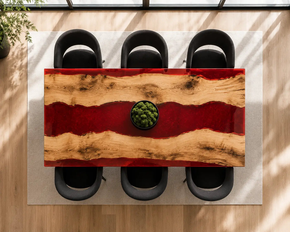 EDTC36 Red Meridian Ruby Red Epoxy Ash Dining Table featuring handcrafted ash wood and ruby red resin-6