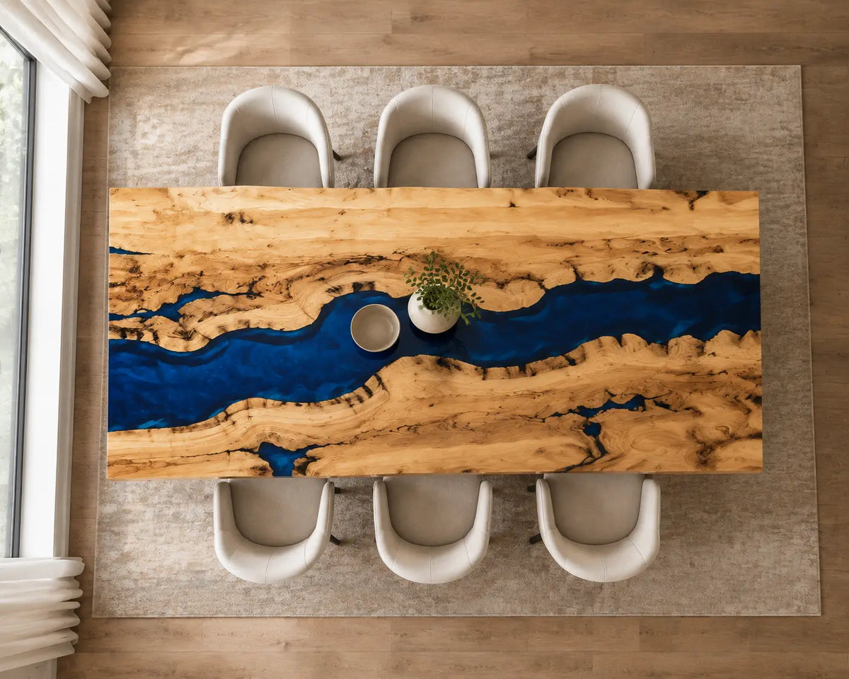 EDTC37 Sapphire Drift Deep Blue Epoxy Ash Dining Table featuring handcrafted ash wood and deep blue resin