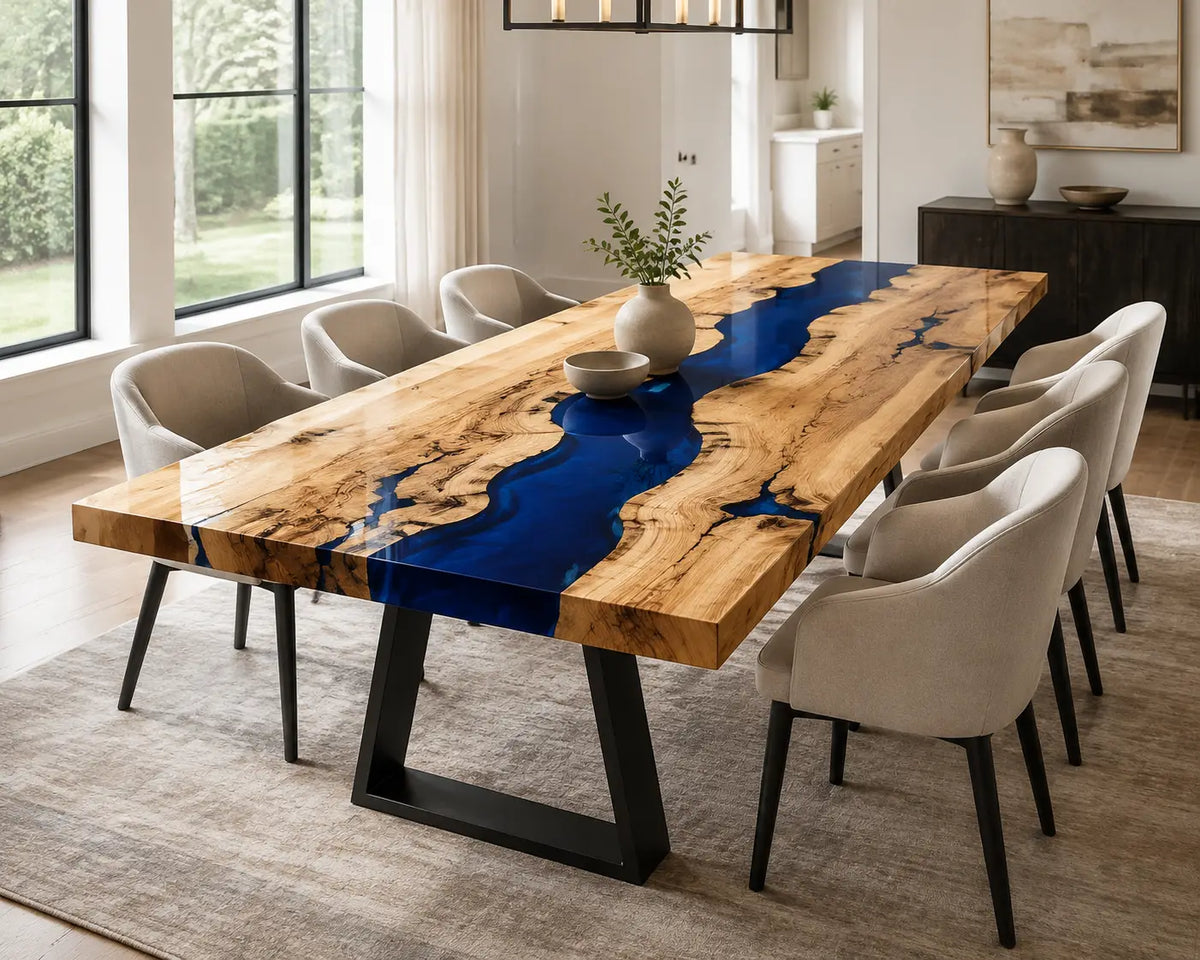 EDTC37 Sapphire Drift Deep Blue Epoxy Ash Dining Table featuring handcrafted ash wood and deep blue resin-2
