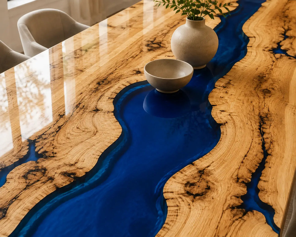 EDTC37 Sapphire Drift Deep Blue Epoxy Ash Dining Table featuring handcrafted ash wood and deep blue resin-3