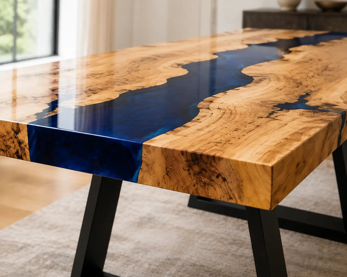 EDTC37 Sapphire Drift Deep Blue Epoxy Ash Dining Table featuring handcrafted ash wood and deep blue resin-4