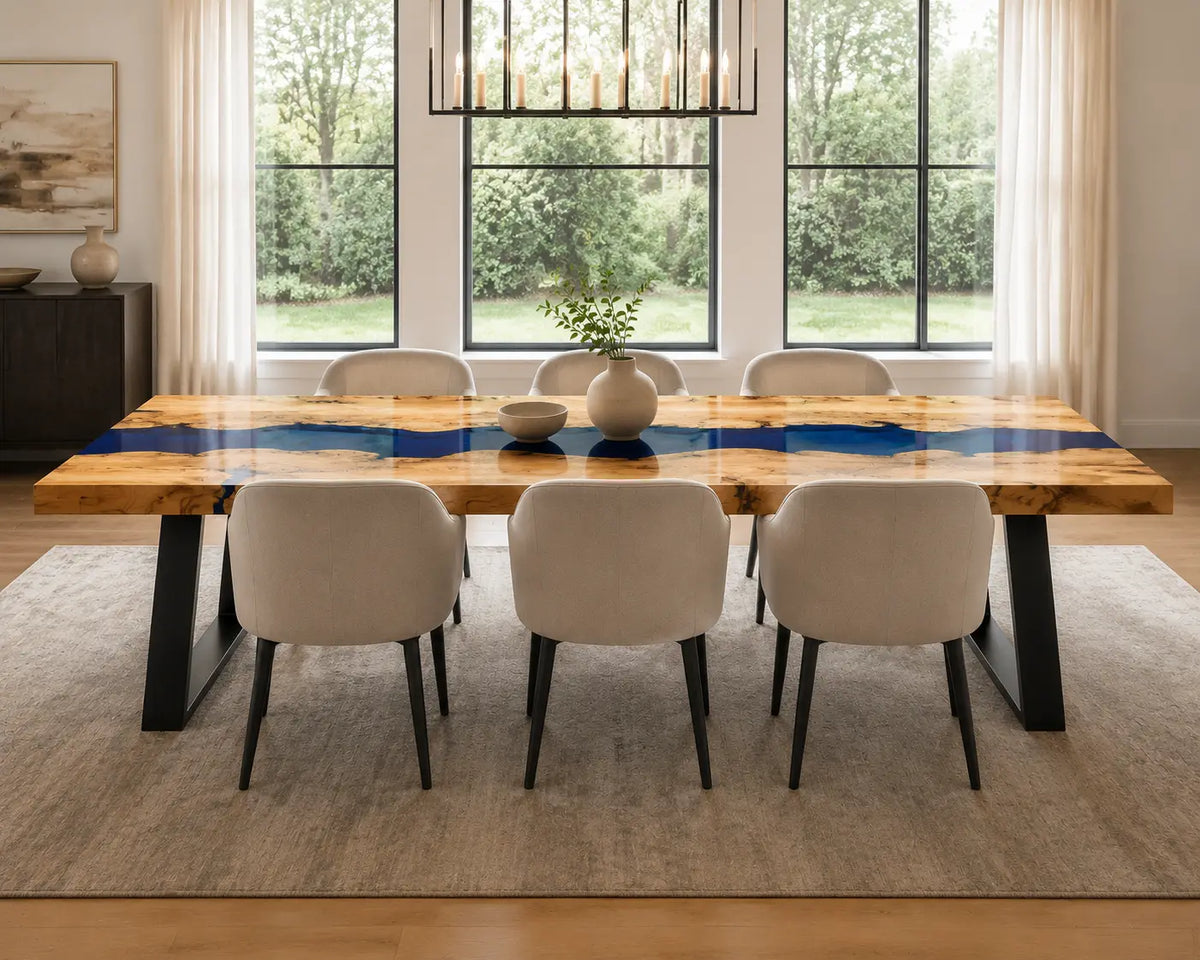 EDTC37 Sapphire Drift Deep Blue Epoxy Ash Dining Table featuring handcrafted ash wood and deep blue resin-5