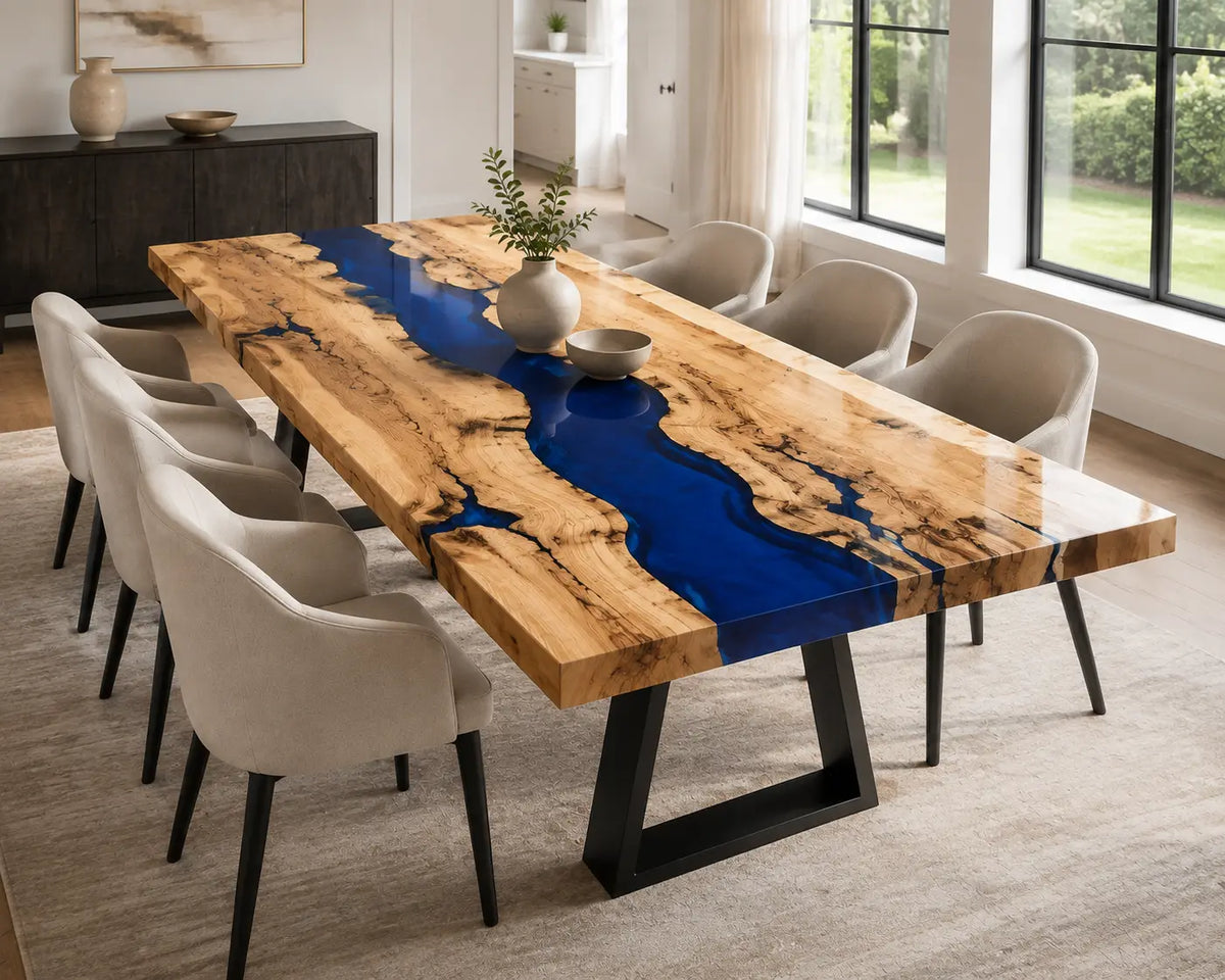 EDTC37 Sapphire Drift Deep Blue Epoxy Ash Dining Table featuring handcrafted ash wood and deep blue resin-6