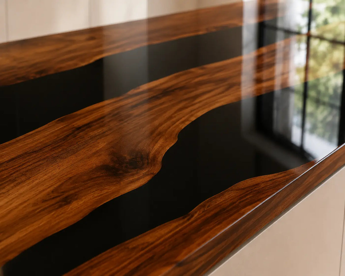 EKCC01 Onyx Grain Jet Black Epoxy Black Walnut Kitchen Countertop featuring handcrafted black walnut and jet black resin-3