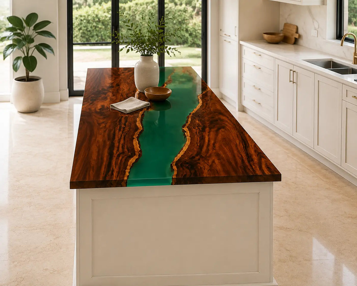 EKCC02 Emerald Passage Emerald Green Epoxy Black Walnut Kitchen Countertop featuring handcrafted black walnut and emerald green resin