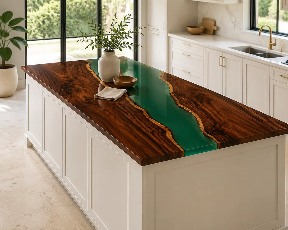 EKCC02 Emerald Passage Emerald Green Epoxy Black Walnut Kitchen Countertop featuring handcrafted black walnut and emerald green resin-2