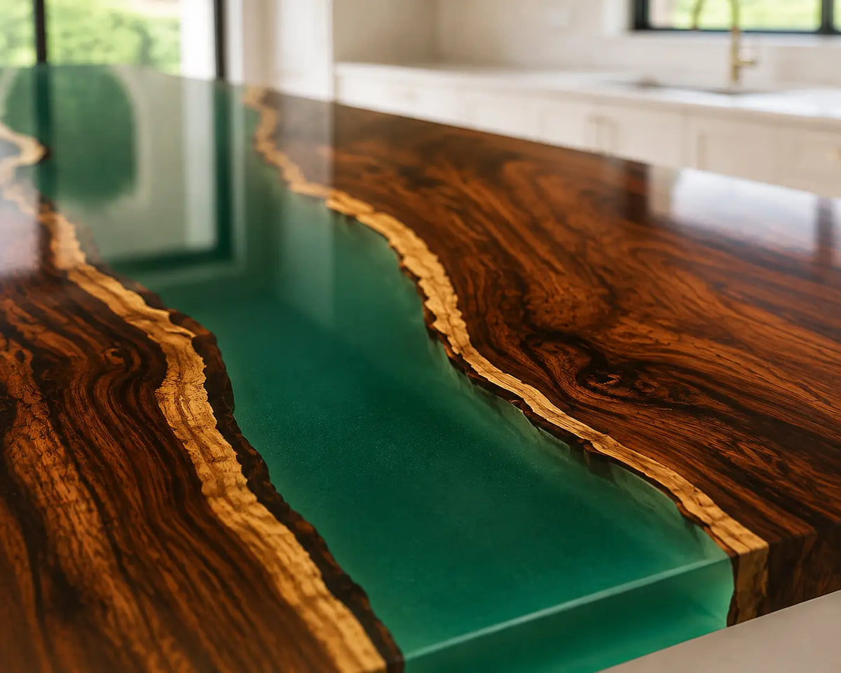 EKCC02 Emerald Passage Emerald Green Epoxy Black Walnut Kitchen Countertop featuring handcrafted black walnut and emerald green resin-3