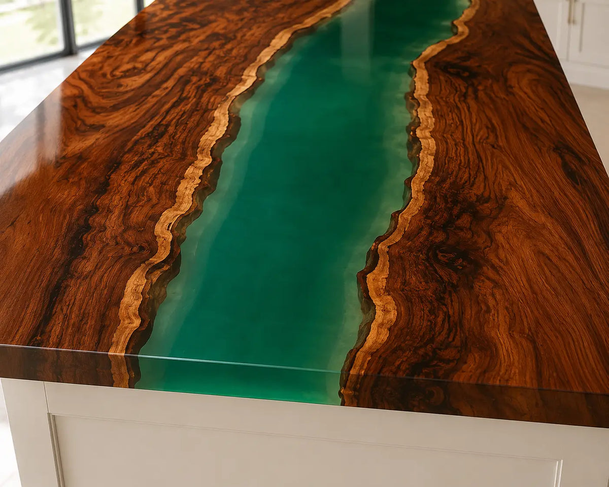 EKCC02 Emerald Passage Emerald Green Epoxy Black Walnut Kitchen Countertop featuring handcrafted black walnut and emerald green resin-4
