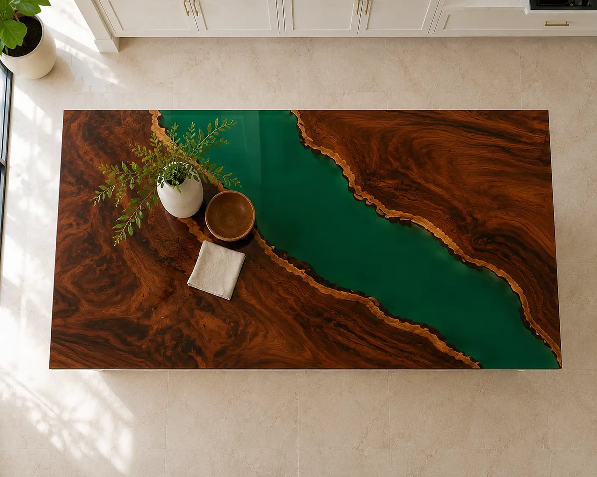 EKCC02 Emerald Passage Emerald Green Epoxy Black Walnut Kitchen Countertop featuring handcrafted black walnut and emerald green resin-5