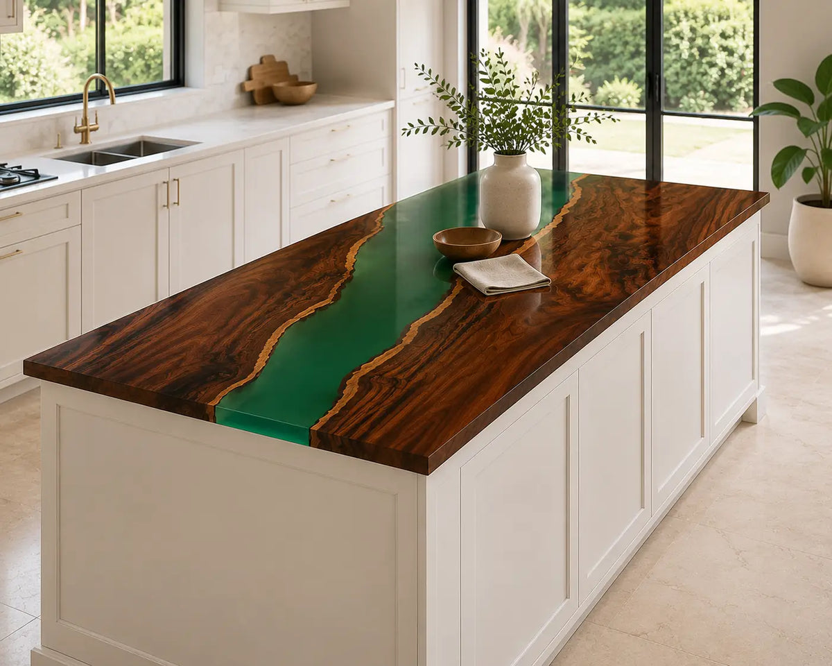 EKCC02 Emerald Passage Emerald Green Epoxy Black Walnut Kitchen Countertop featuring handcrafted black walnut and emerald green resin-6