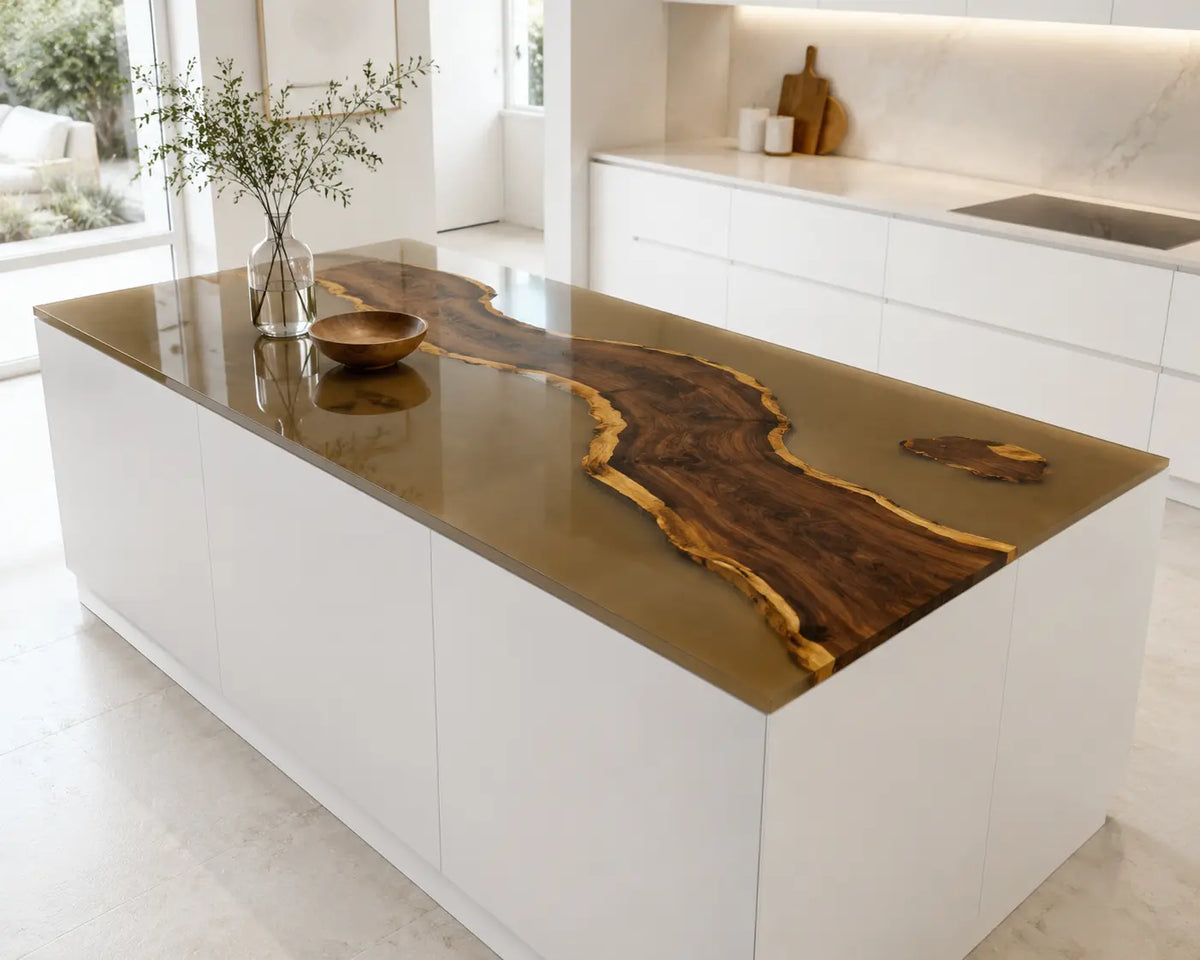 EKCC03 Amber Canyon Golden Amber Epoxy Black Walnut Kitchen Countertop featuring handcrafted black walnut and golden amber resin-2