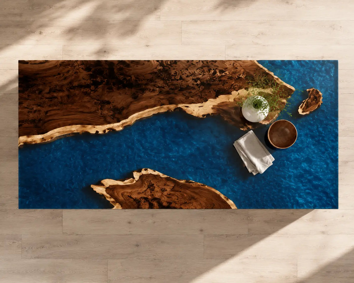 EKCC04 Ocean Peninsula Ocean Blue Epoxy Black Walnut Kitchen Countertop featuring handcrafted black walnut and ocean blue resin-1