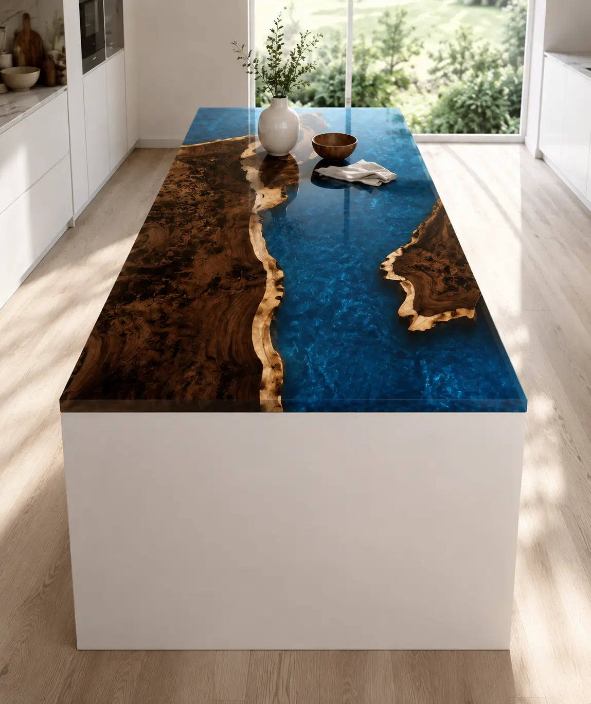 EKCC04 Ocean Peninsula Ocean Blue Epoxy Black Walnut Kitchen Countertop featuring handcrafted black walnut and ocean blue resin-2