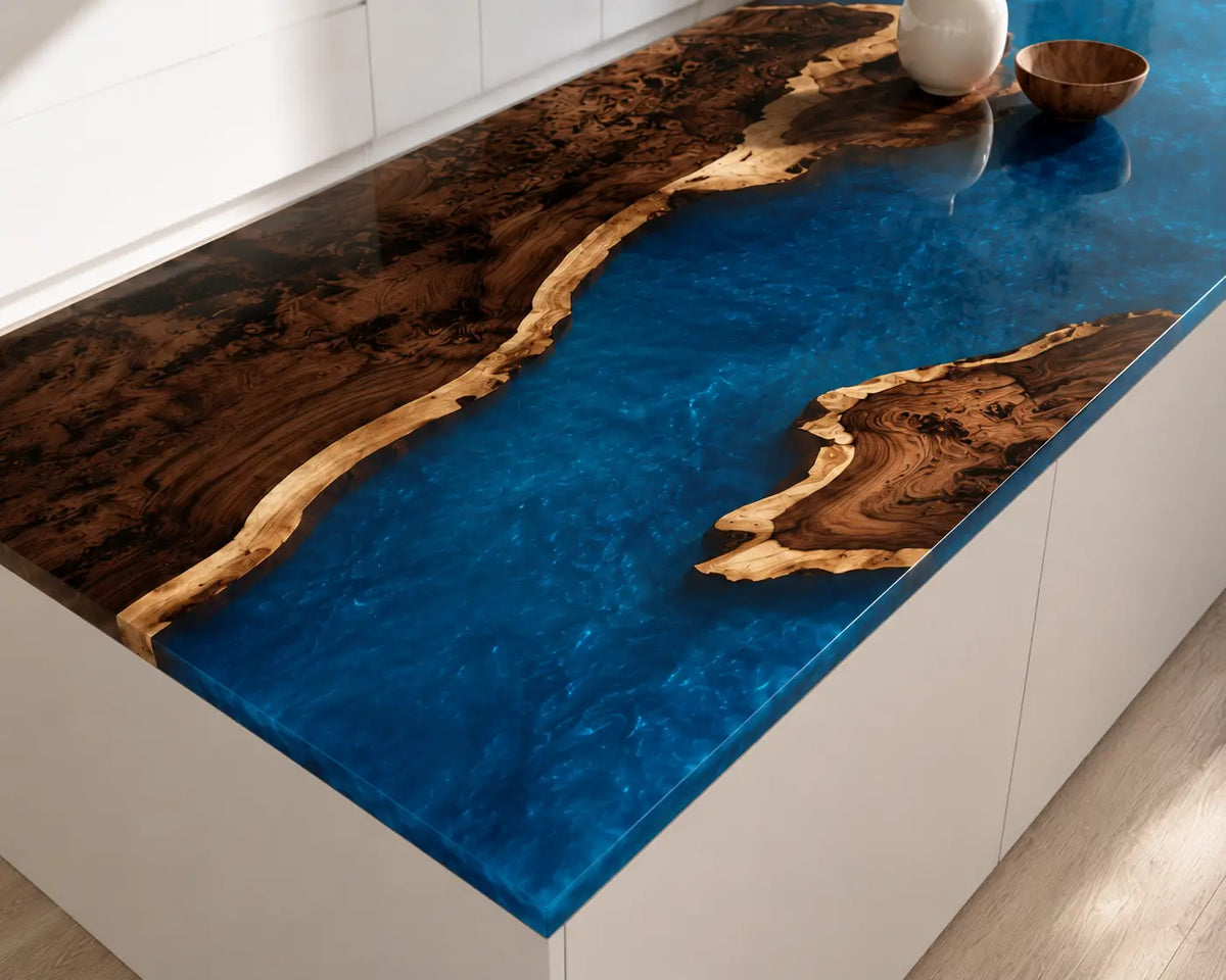 EKCC04 Ocean Peninsula Ocean Blue Epoxy Black Walnut Kitchen Countertop featuring handcrafted black walnut and ocean blue resin-3