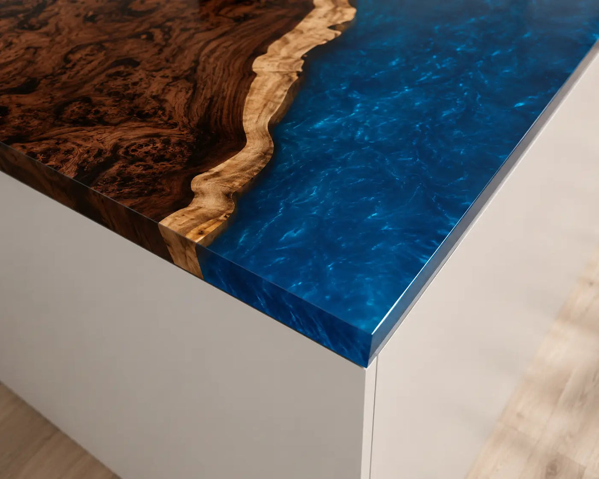 EKCC04 Ocean Peninsula Ocean Blue Epoxy Black Walnut Kitchen Countertop featuring handcrafted black walnut and ocean blue resin-4