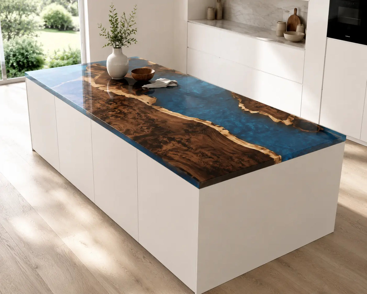EKCC04 Ocean Peninsula Ocean Blue Epoxy Black Walnut Kitchen Countertop featuring handcrafted black walnut and ocean blue resin-5