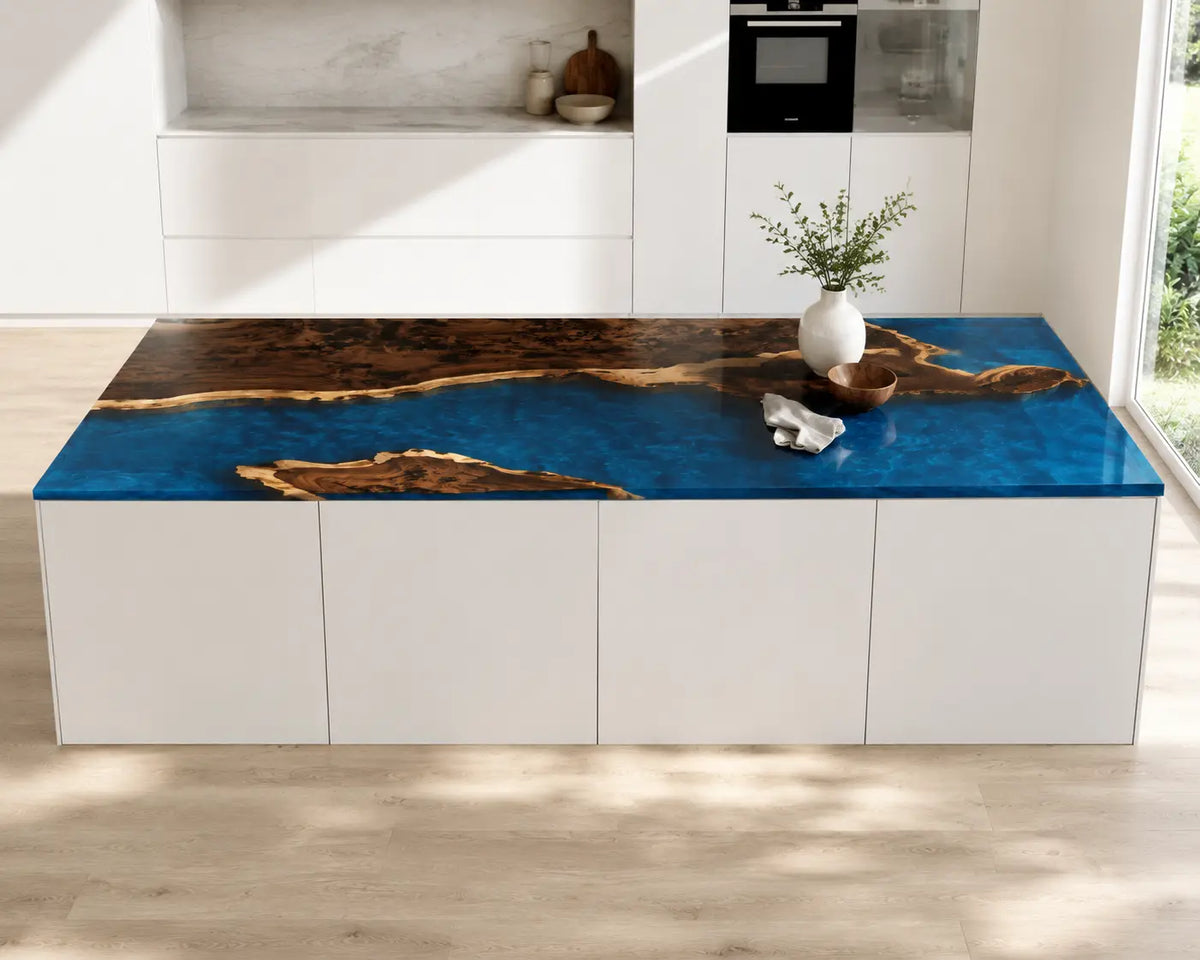 EKCC04 Ocean Peninsula Ocean Blue Epoxy Black Walnut Kitchen Countertop featuring handcrafted black walnut and ocean blue resin-6