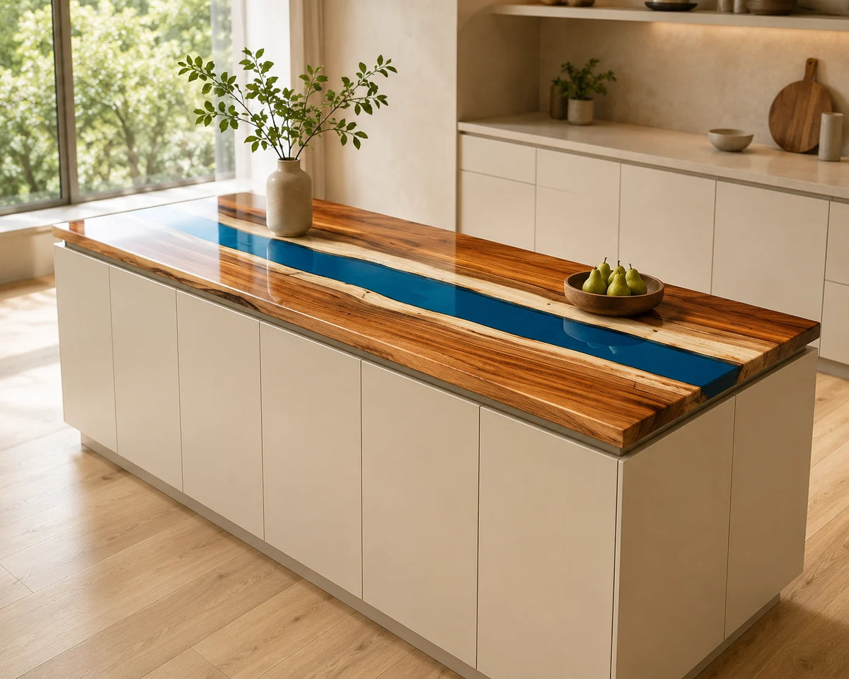 EKCC05 Blue Meridian Deep Blue Epoxy Walnut Kitchen Countertop featuring handcrafted walnut wood and deep blue resin-2
