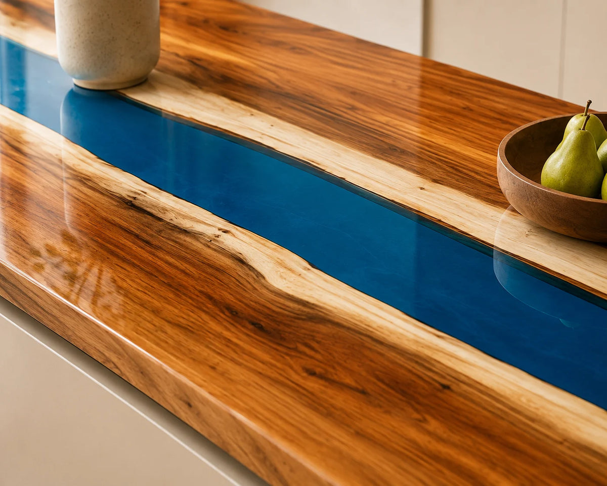 EKCC05 Blue Meridian Deep Blue Epoxy Walnut Kitchen Countertop featuring handcrafted walnut wood and deep blue resin-3