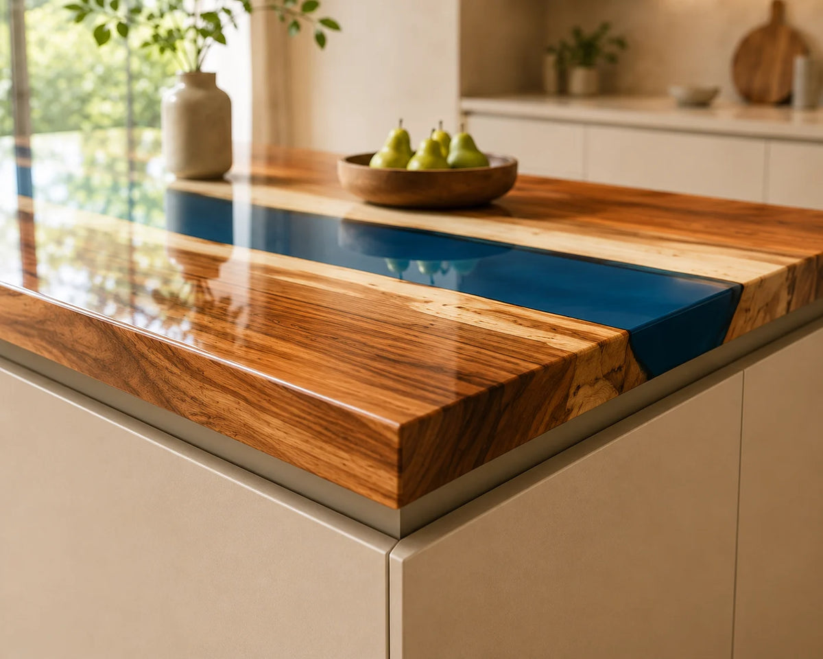 EKCC05 Blue Meridian Deep Blue Epoxy Walnut Kitchen Countertop featuring handcrafted walnut wood and deep blue resin-4