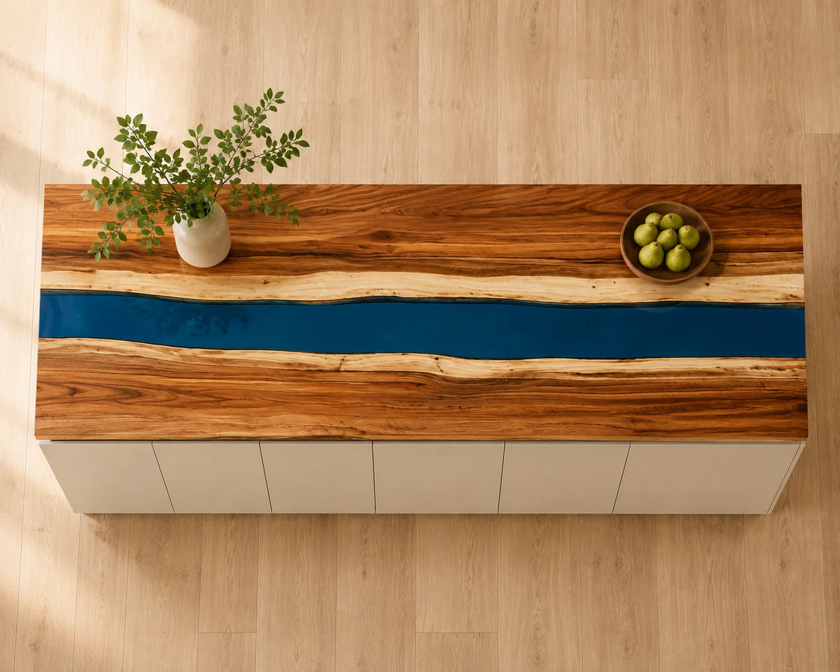 EKCC05 Blue Meridian Deep Blue Epoxy Walnut Kitchen Countertop featuring handcrafted walnut wood and deep blue resin-5