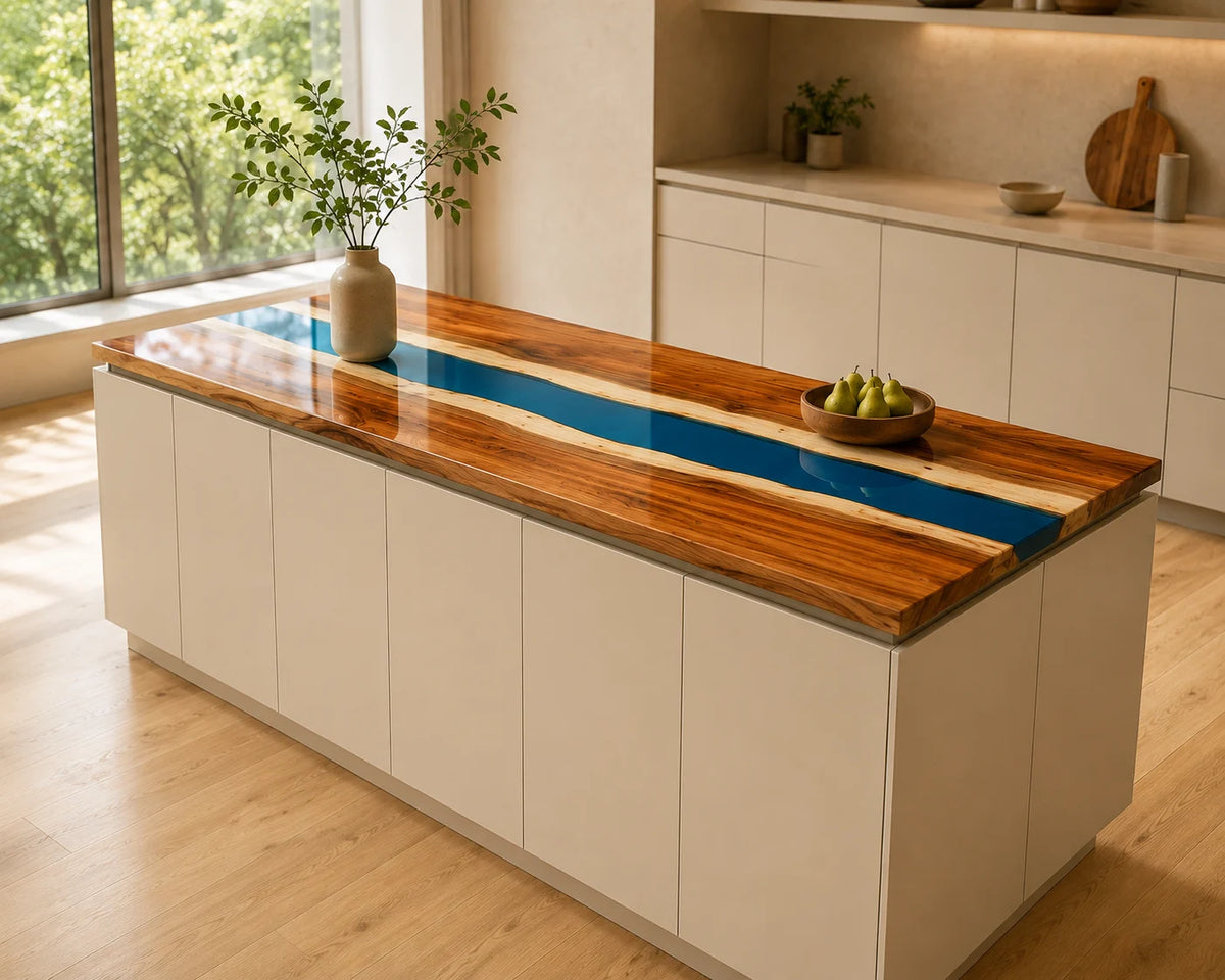 EKCC05 Blue Meridian Deep Blue Epoxy Walnut Kitchen Countertop featuring handcrafted walnut wood and deep blue resin-6