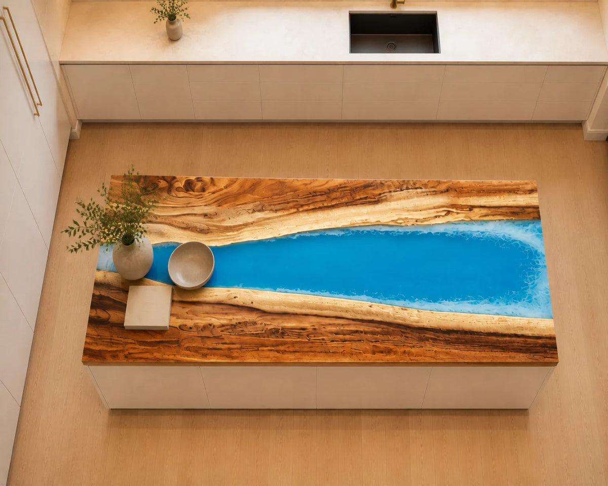 EKCC06 Crystal Current Crystal Blue Epoxy Walnut Kitchen Countertop featuring handcrafted walnut wood and crystal blue resin-1