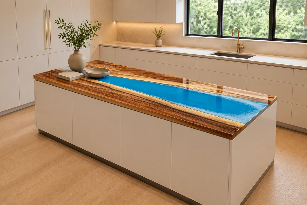 EKCC06 Crystal Current Crystal Blue Epoxy Walnut Kitchen Countertop featuring handcrafted walnut wood and crystal blue resin-2