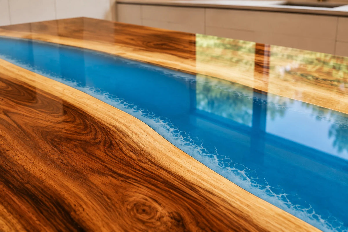 EKCC06 Crystal Current Crystal Blue Epoxy Walnut Kitchen Countertop featuring handcrafted walnut wood and crystal blue resin-3