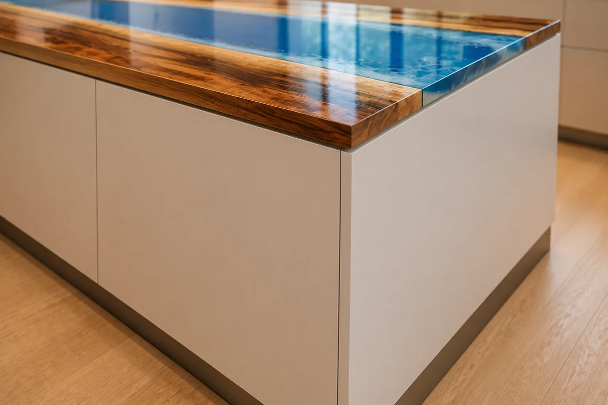 EKCC06 Crystal Current Crystal Blue Epoxy Walnut Kitchen Countertop featuring handcrafted walnut wood and crystal blue resin-4