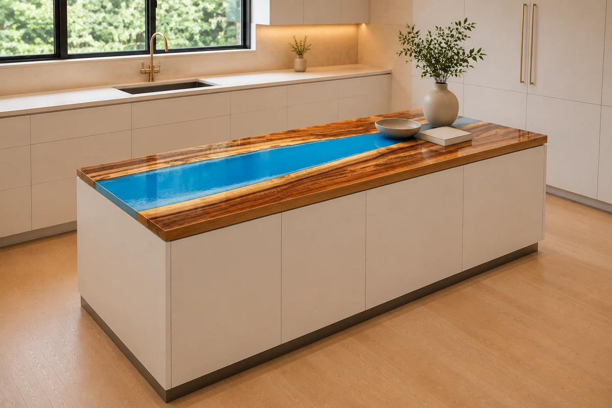 EKCC06 Crystal Current Crystal Blue Epoxy Walnut Kitchen Countertop featuring handcrafted walnut wood and crystal blue resin-5