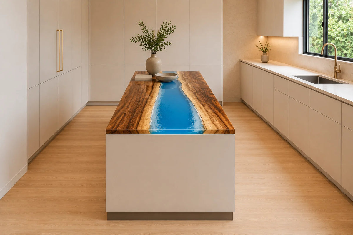 EKCC06 Crystal Current Crystal Blue Epoxy Walnut Kitchen Countertop featuring handcrafted walnut wood and crystal blue resin-6
