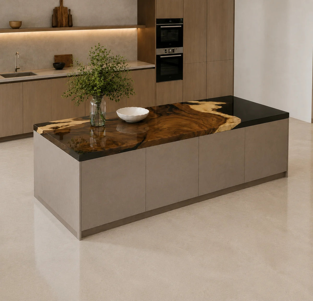 EKCC07 Obsidian Shore Jet Black Epoxy Walnut Kitchen Countertop featuring handcrafted walnut wood and jet black resin-1