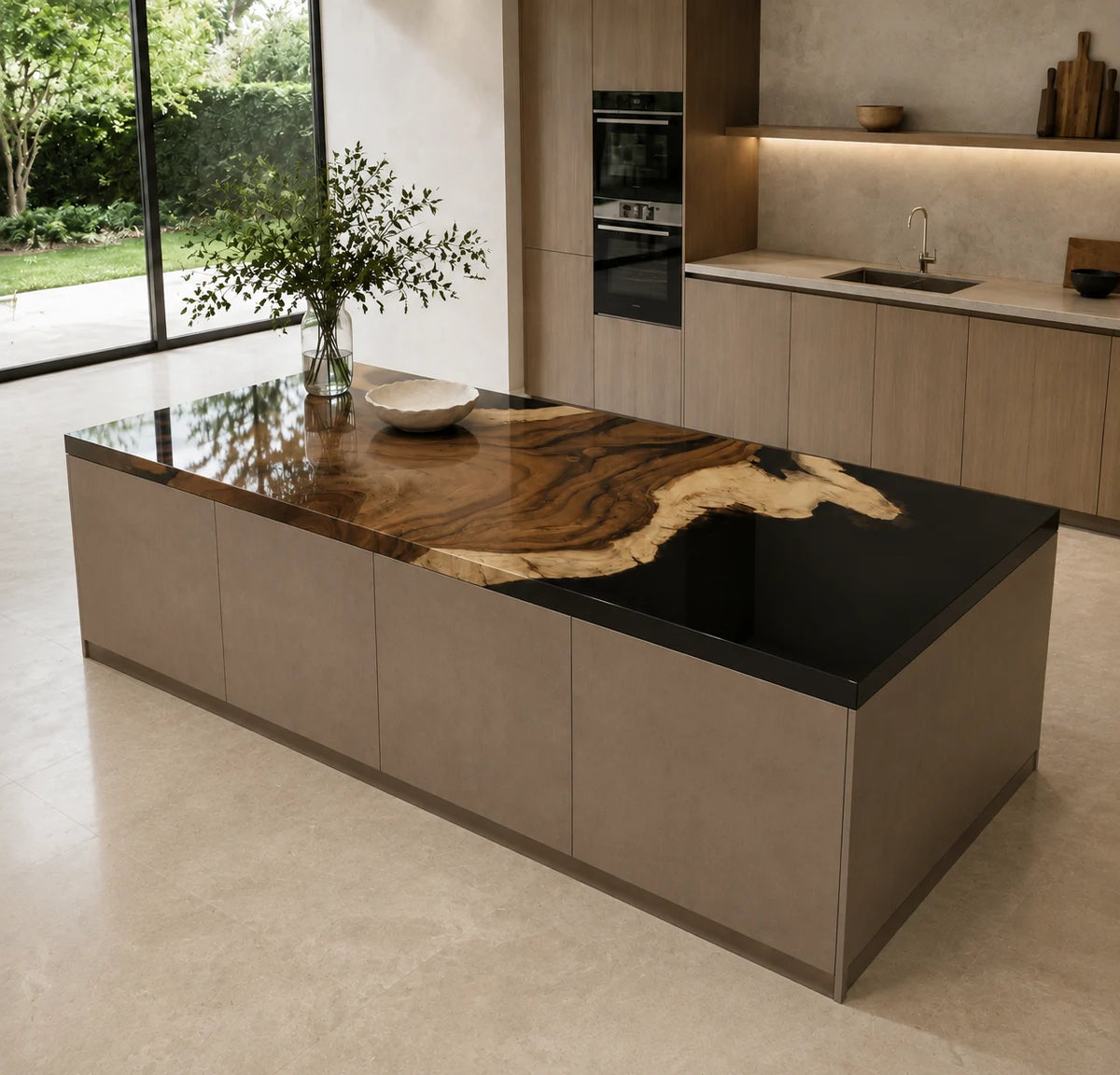 EKCC07 Obsidian Shore Jet Black Epoxy Walnut Kitchen Countertop featuring handcrafted walnut wood and jet black resin-2