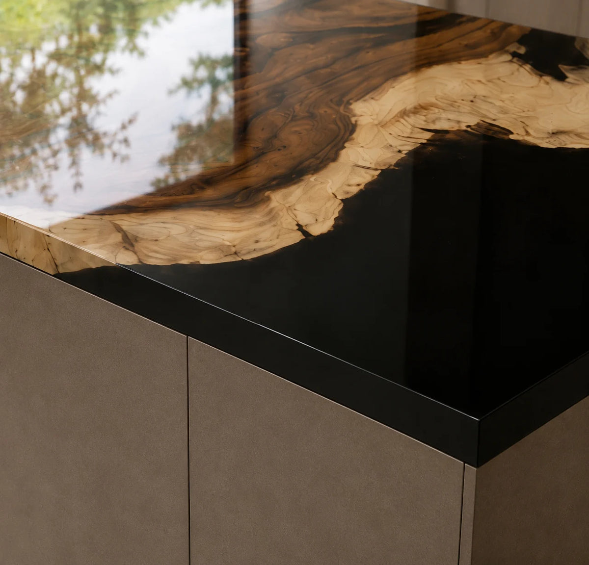 EKCC07 Obsidian Shore Jet Black Epoxy Walnut Kitchen Countertop featuring handcrafted walnut wood and jet black resin-4