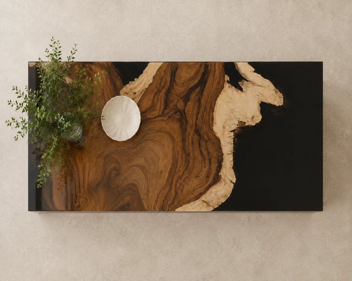 EKCC07 Obsidian Shore Jet Black Epoxy Walnut Kitchen Countertop featuring handcrafted walnut wood and jet black resin-6